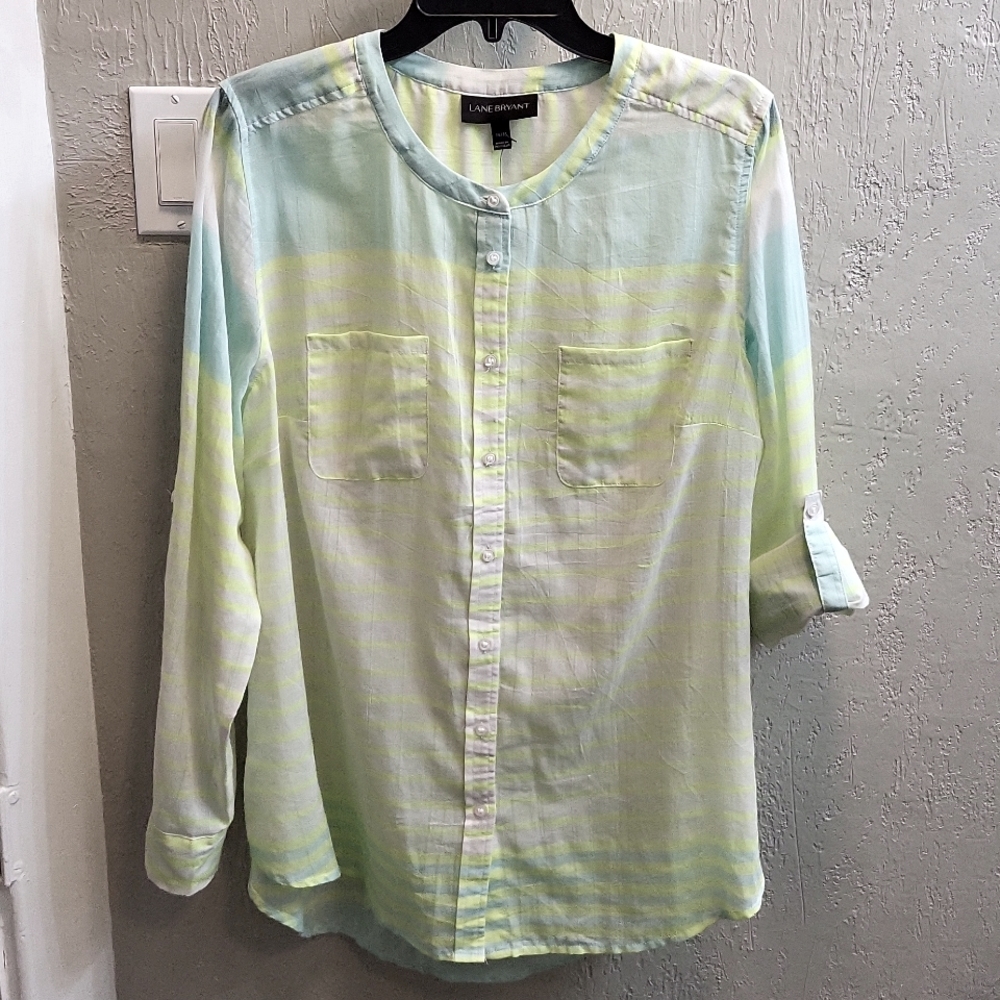 New Lane Bryant Button Down Collarless Pastel Stripe Shirt
